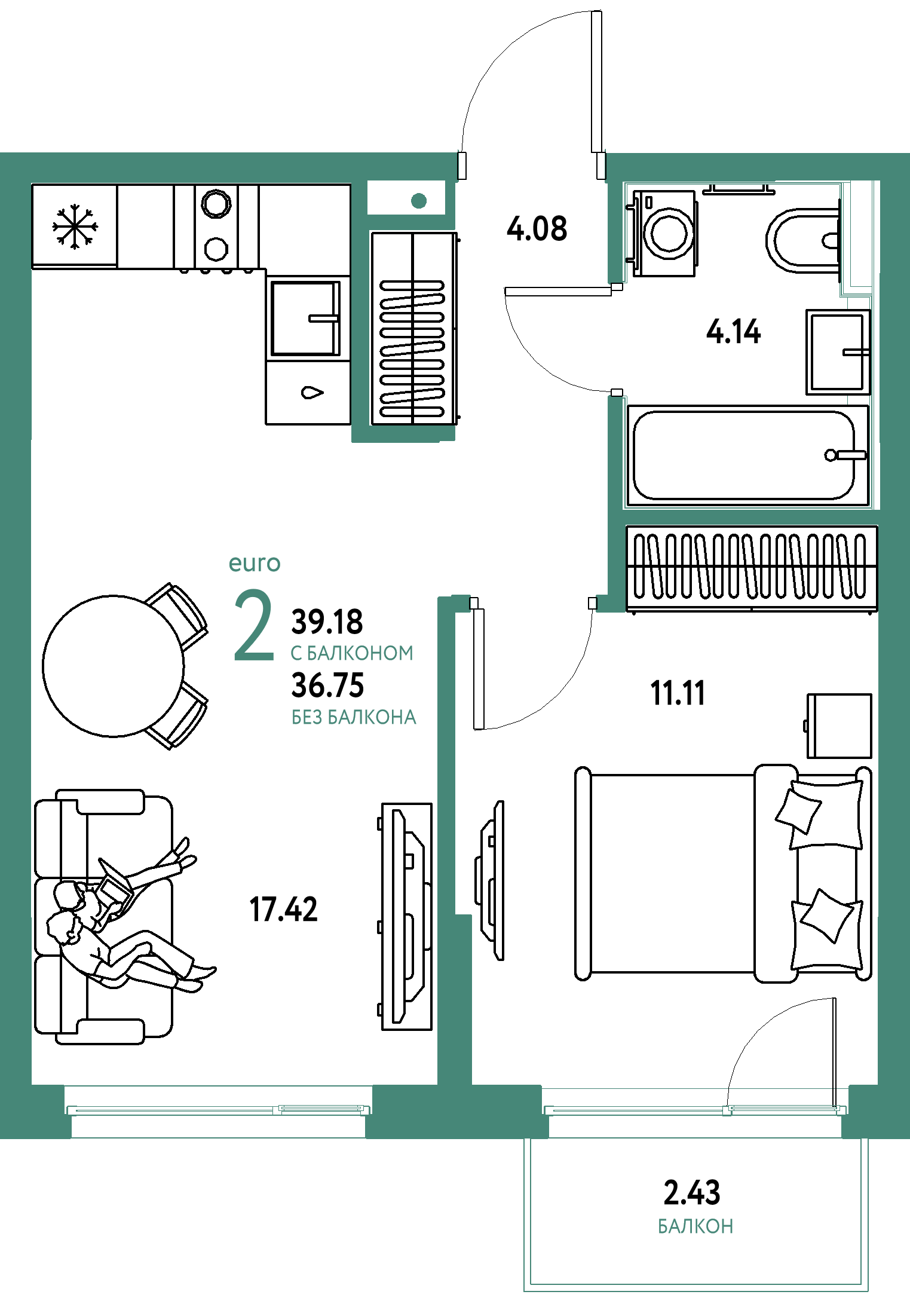 Планировка: Евродвушка 39,18 м² в ЖК «Сердце Сибири»