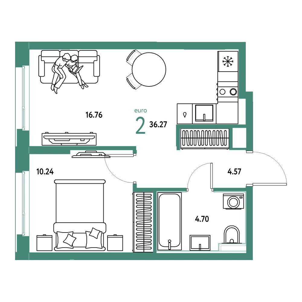 Планировка: Евродвушка 36,27 м²