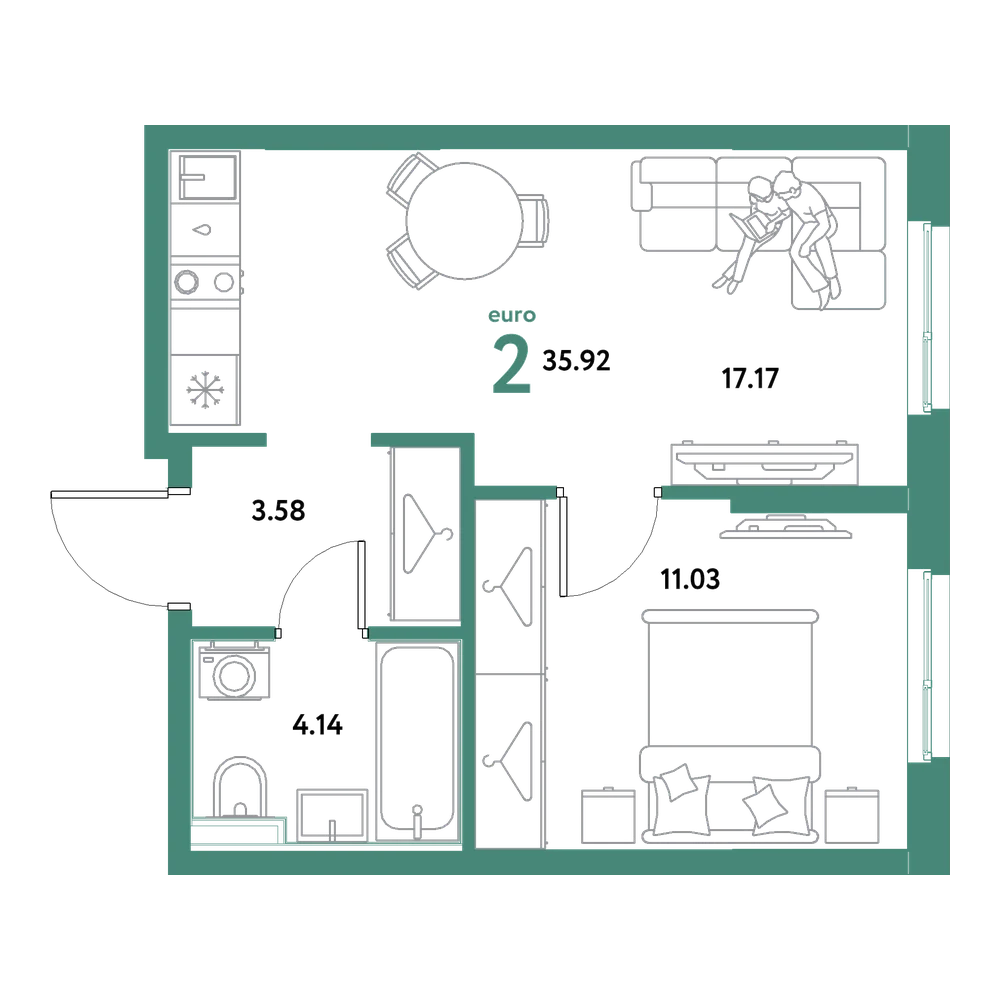 Планировка: Евродвушка 35,92 м²