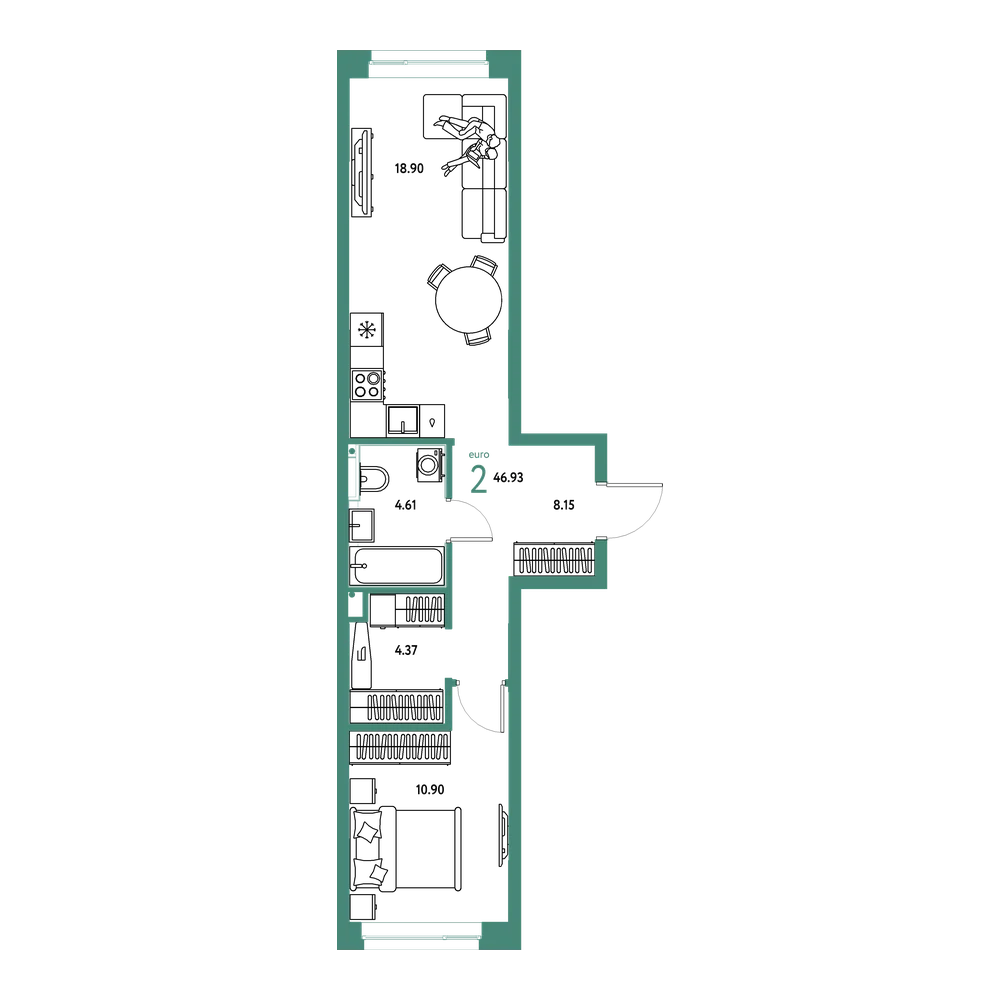 Планировка: Евродвушка 46,93 м²