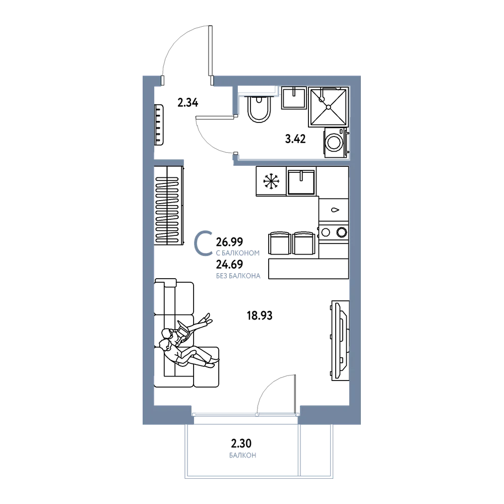 Планировка: Студия 26,99 м²