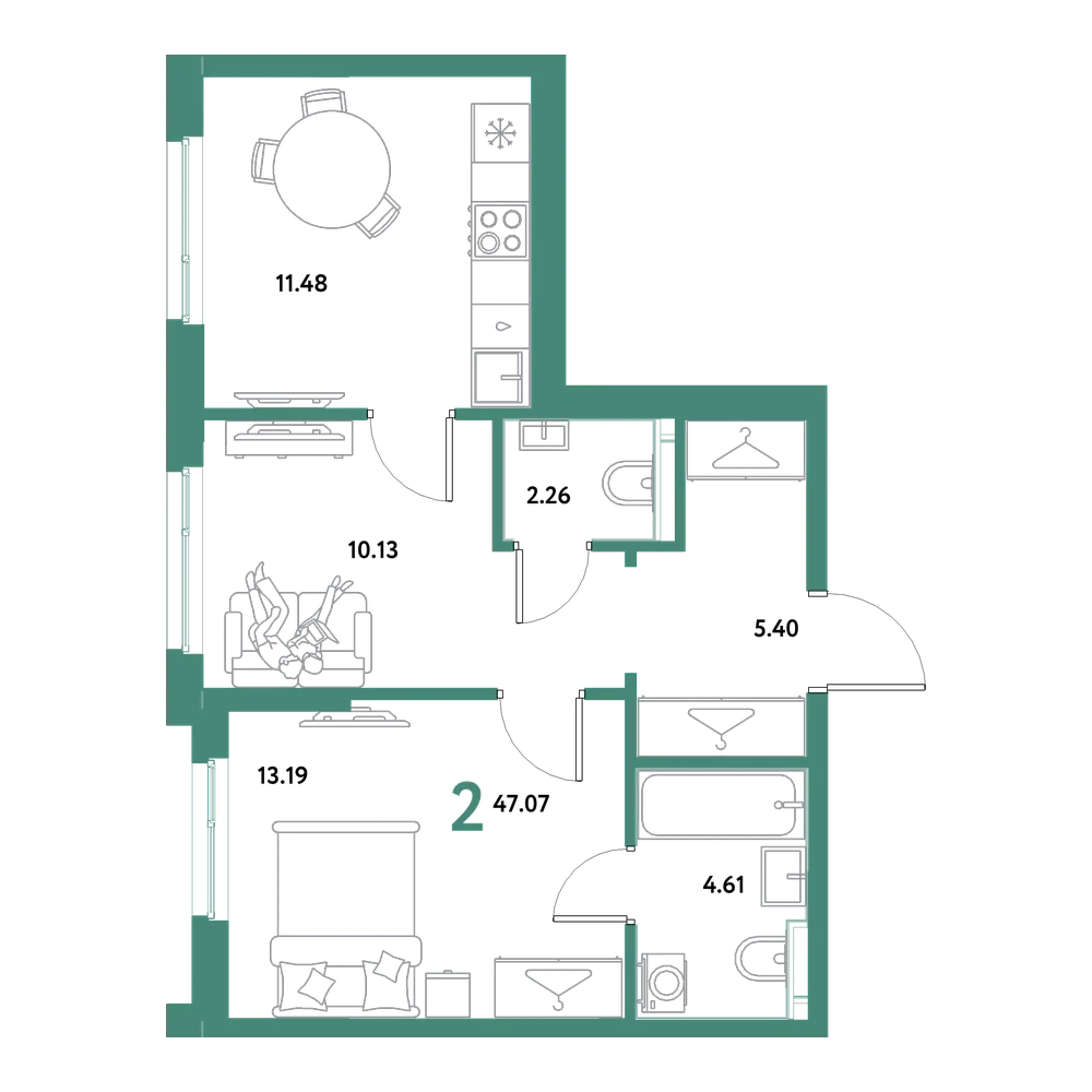 Планировка: 2-комнатная 47,07 м²