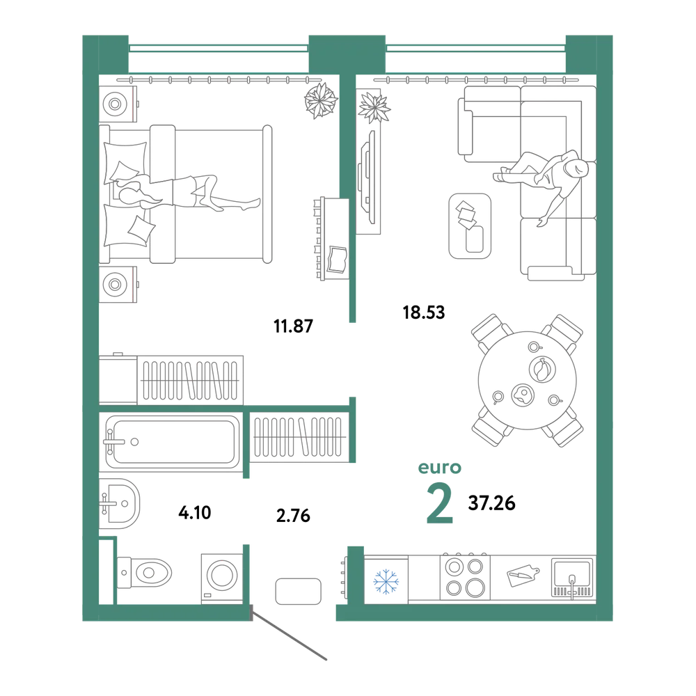 Планировка: Евродвушка 37,26 м²