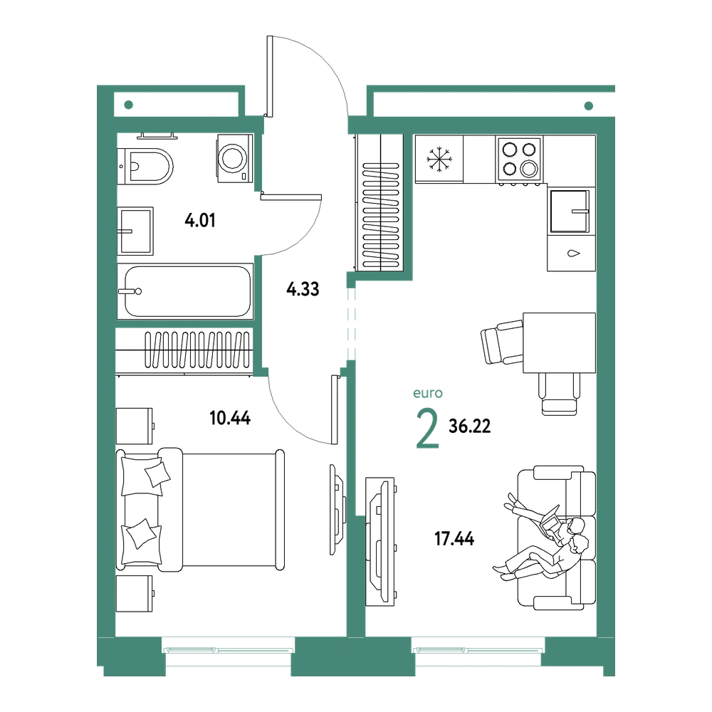 Планировка: Евродвушка 36,22 м²