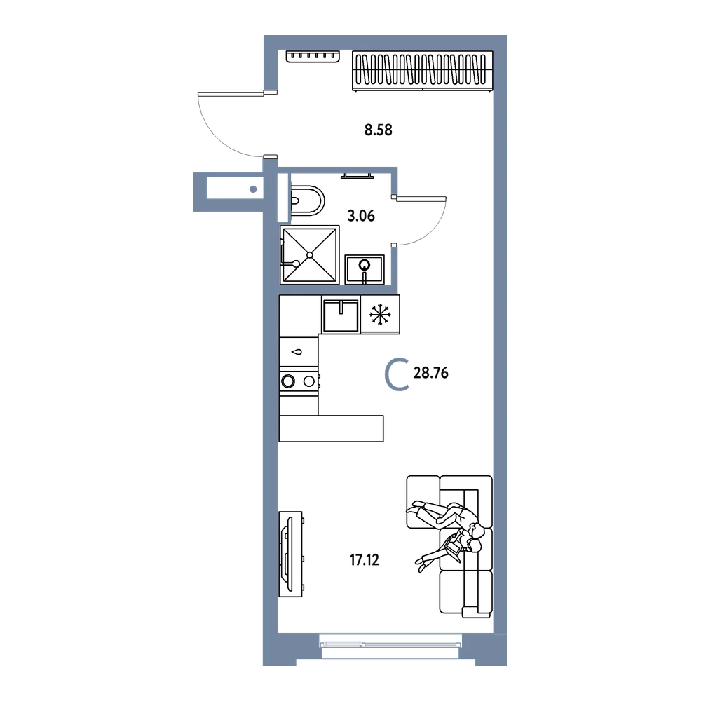Планировка: Студия 28,76 м²
