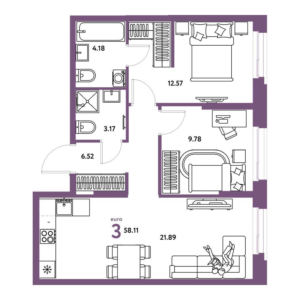 Планировка: Евротрёшка 58,11 м²