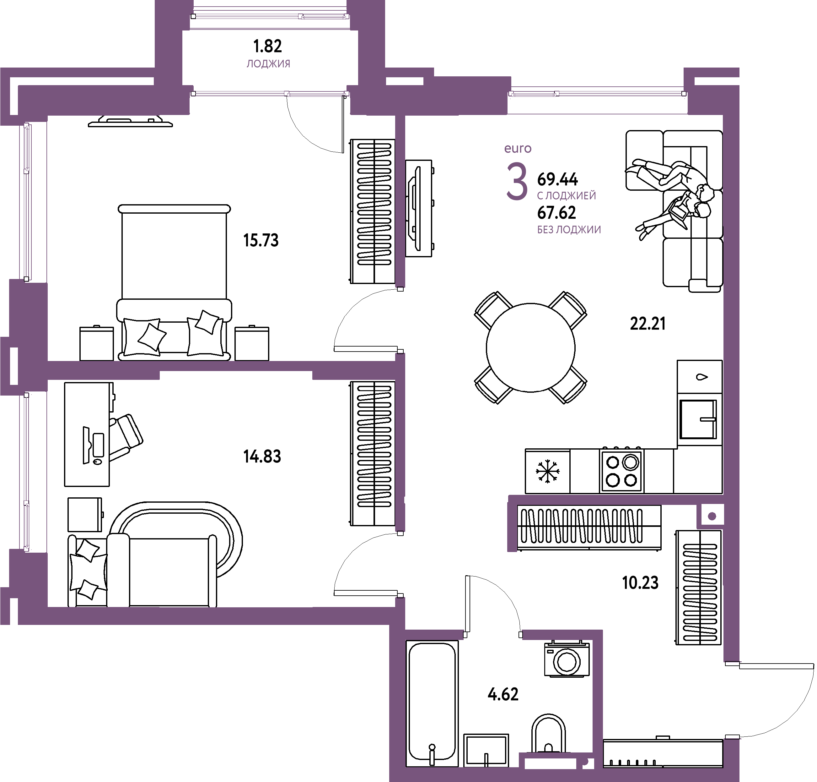 Планировка: Евротрёшка 69,44 м² в ЖК «Страна.Прибрежная»