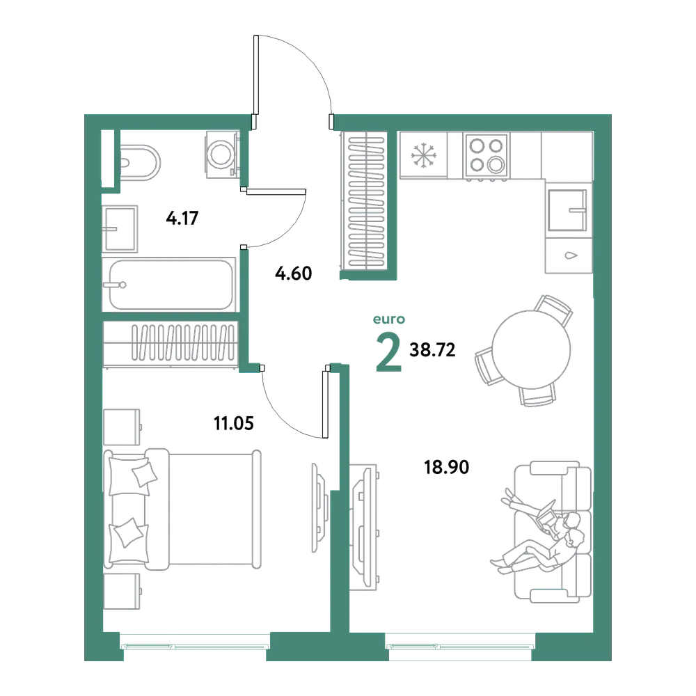 Планировка: Евродвушка 38,72 м²