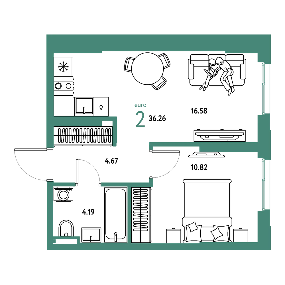 Планировка: Евродвушка 36,26 м²
