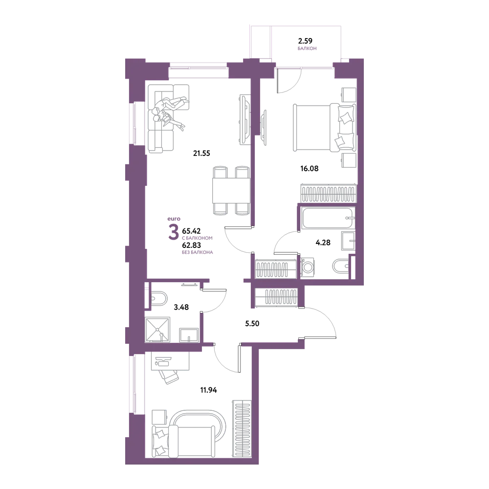 Планировка: Евротрёшка 65,42 м²