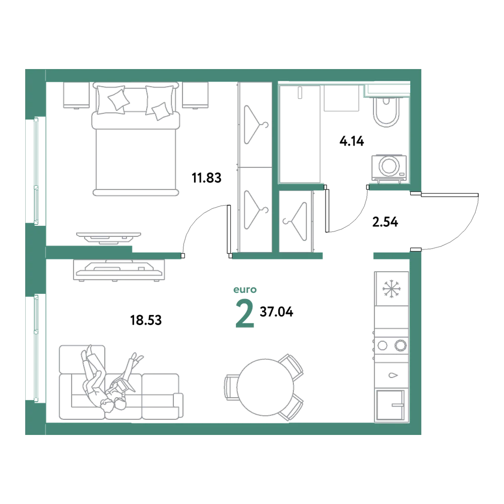 Планировка: Евродвушка 37,04 м²