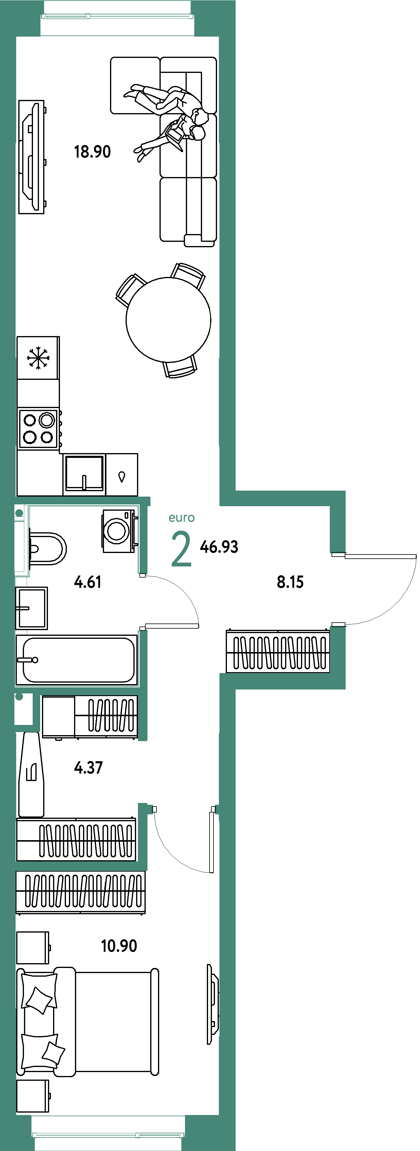 Планировка: Евродвушка 46,93 м² в ЖК «Остров-сад»