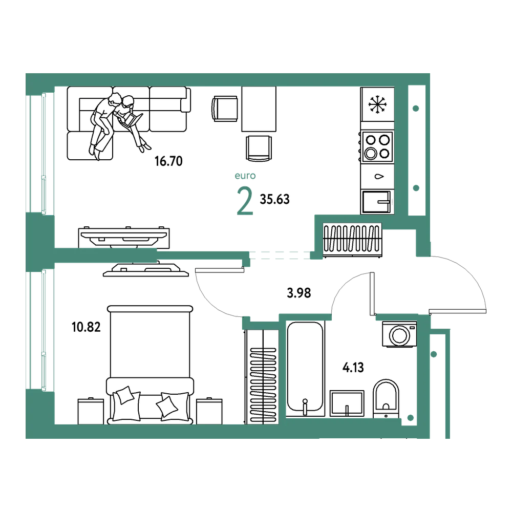 Планировка: Евродвушка 35,63 м²