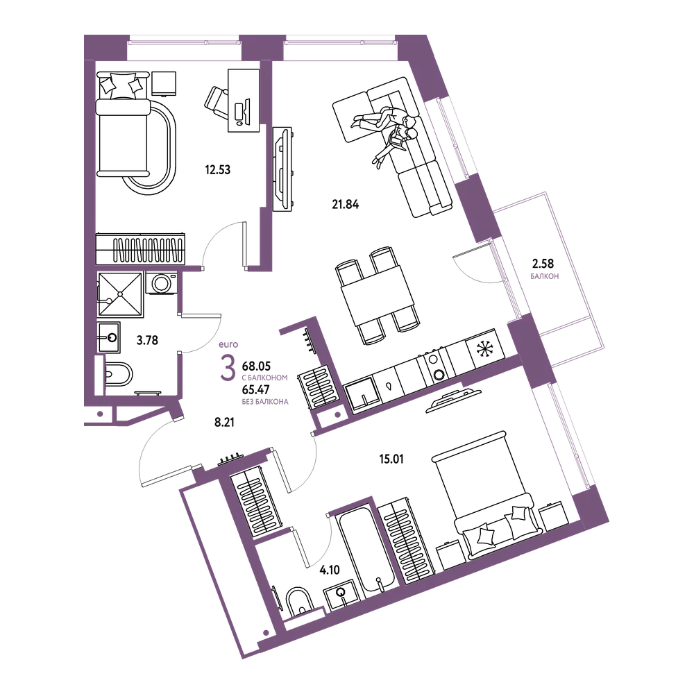 Планировка: Евротрёшка 68,05 м²