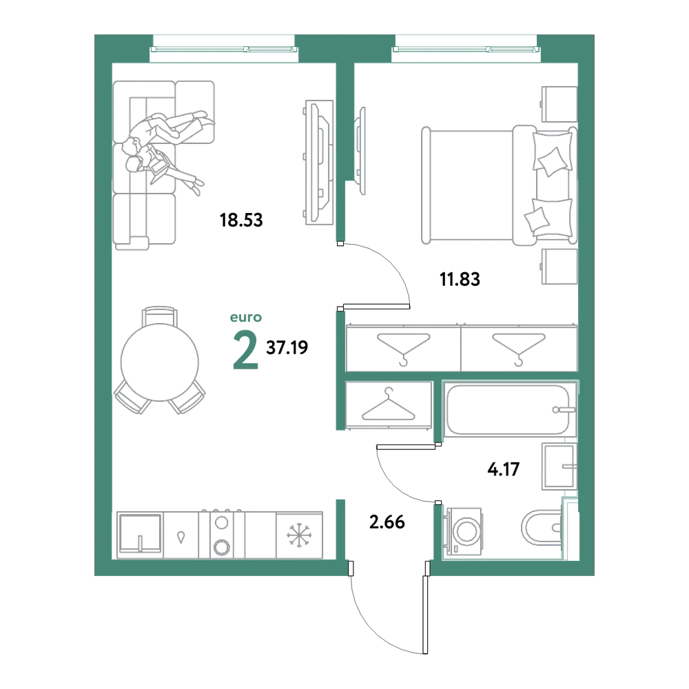 Планировка: Евродвушка 37,19 м²