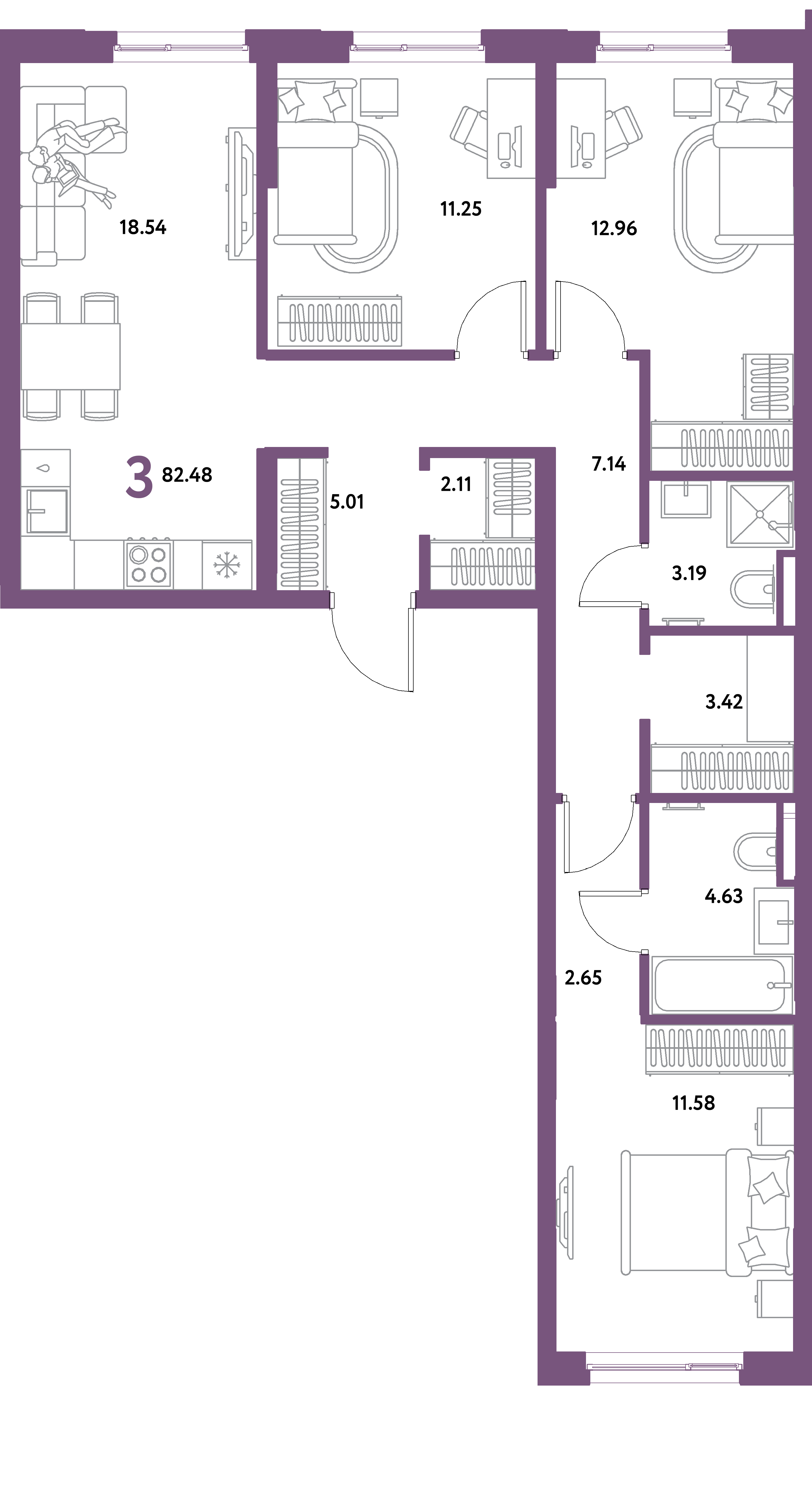 Планировка: 3-комнатная 82,48 м² в ЖК «Остров-сад»