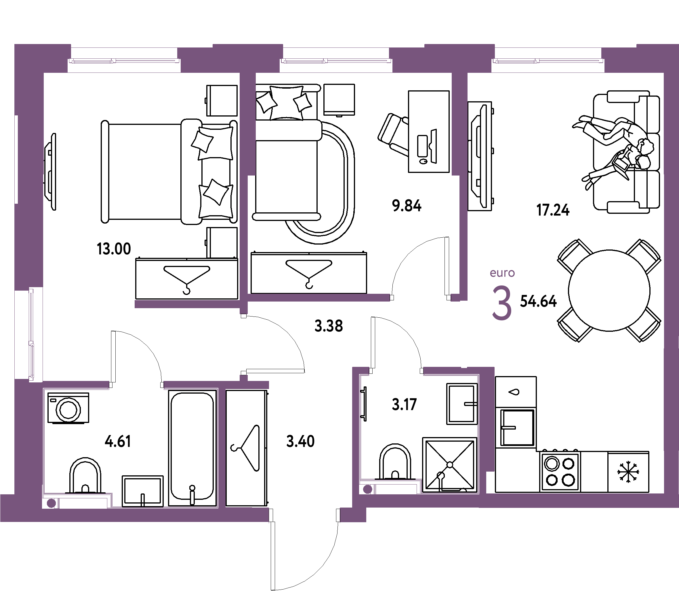 Планировка: Евротрёшка 54,64 м² в ЖК «Европейский берег 2.0»
