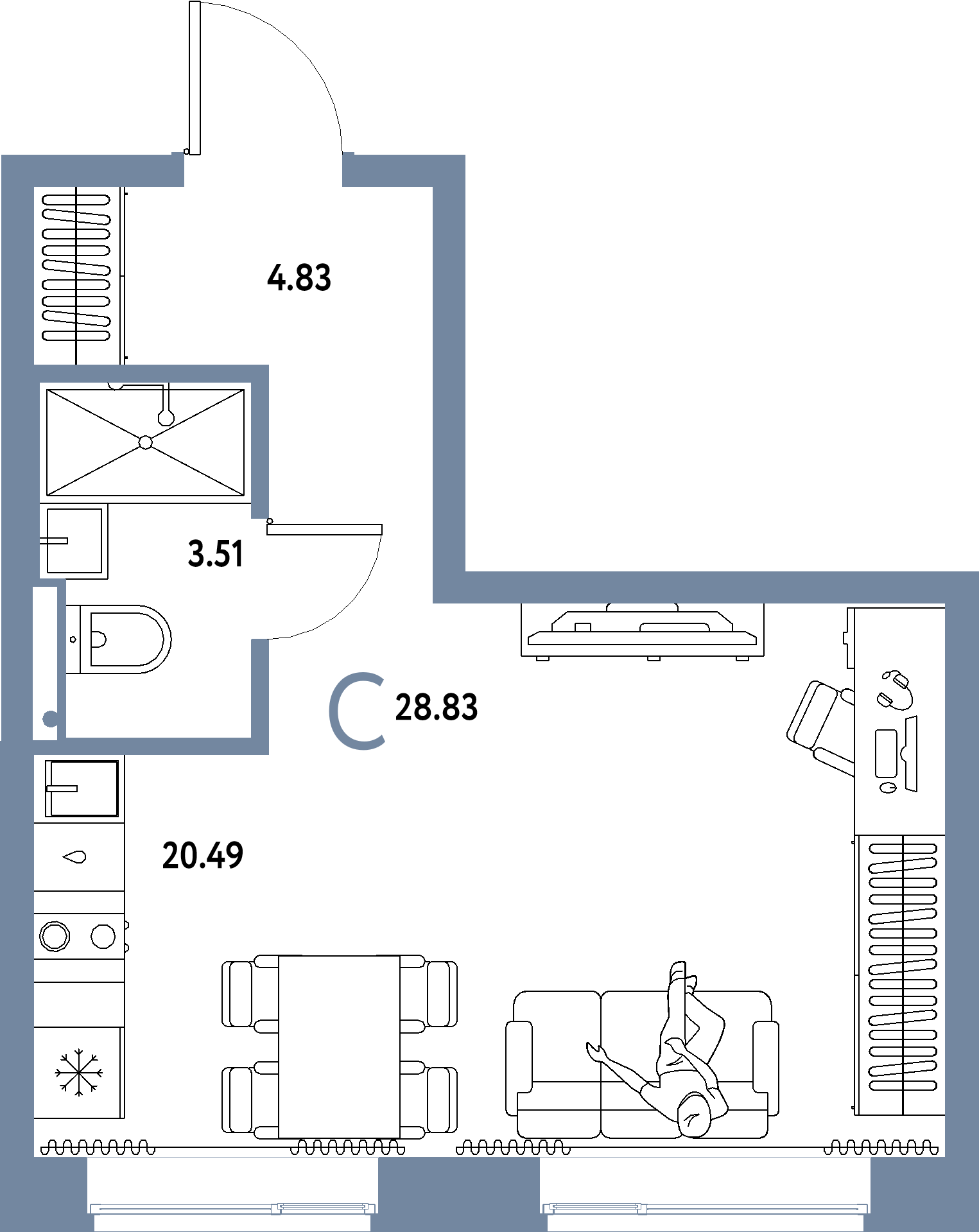 Планировка: Студия 28,83 м² в ЖК «Домашний»