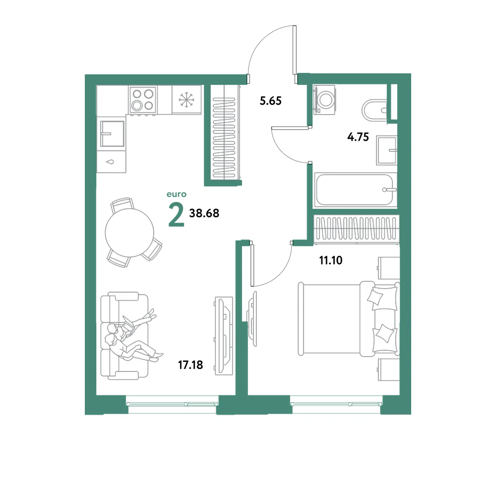 Планировка: Евродвушка 38,68 м²