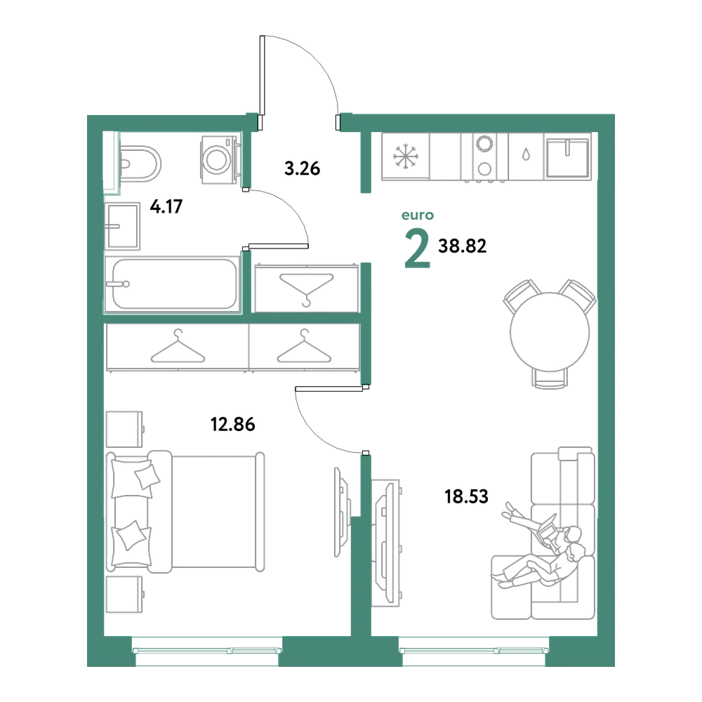 Планировка: Евродвушка 38,82 м²