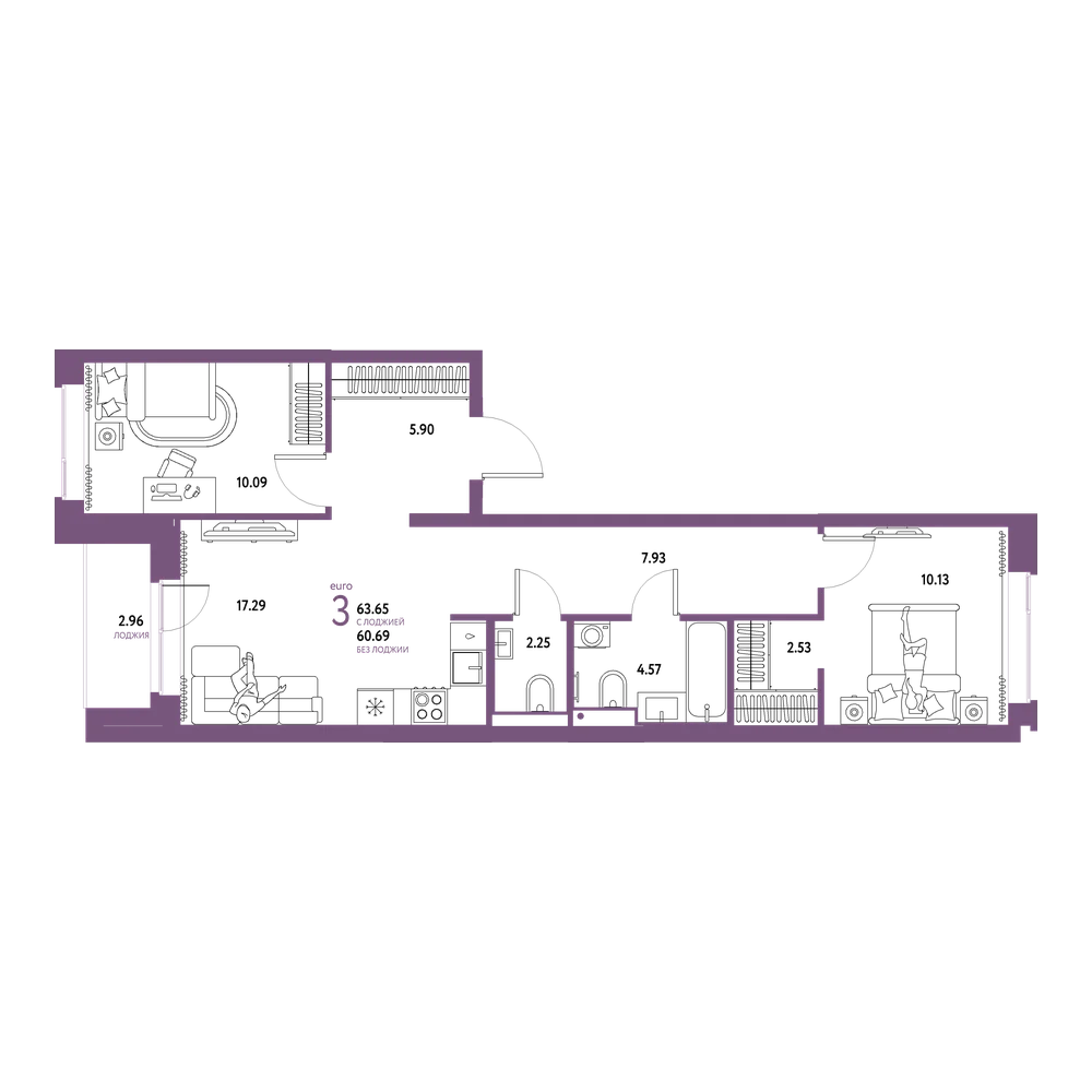 Планировка: Евротрёшка 63,65 м²