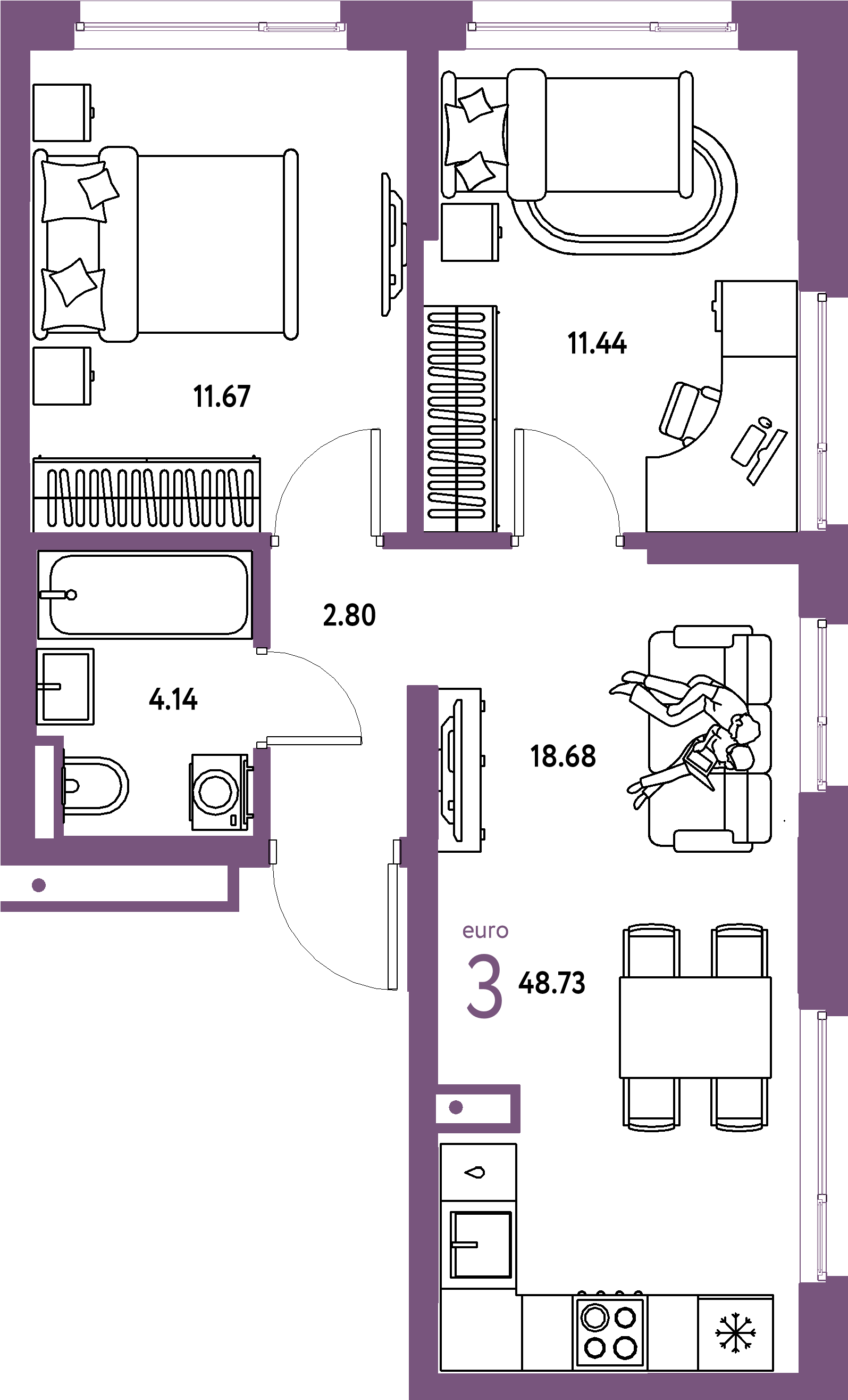 Планировка: Евротрёшка 48,73 м² в ЖК «Страна.Прибрежная»