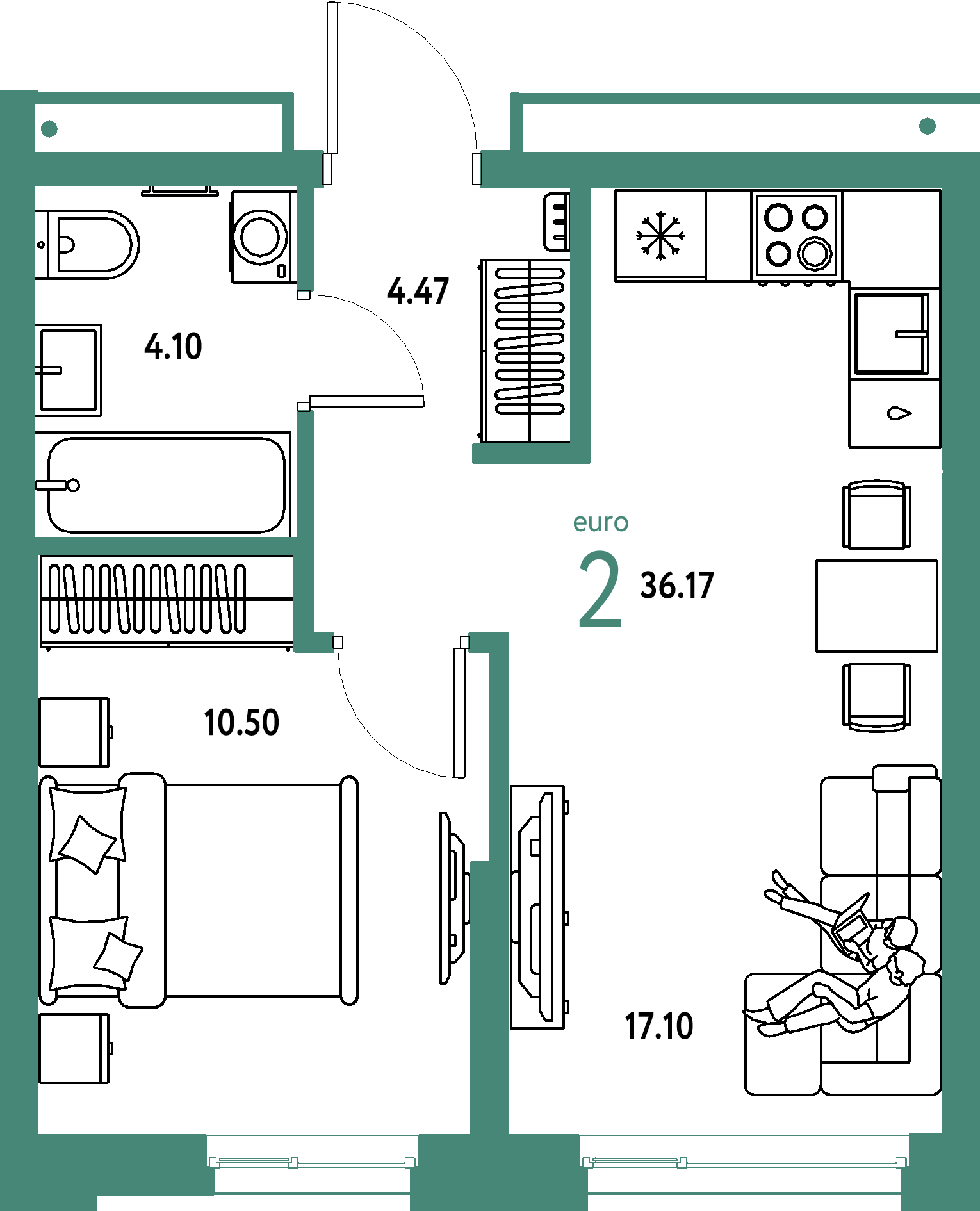 Планировка: Евродвушка 36,17 м² в ЖК «Домашний»