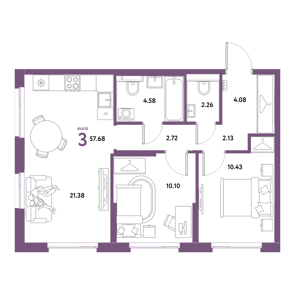 Планировка: Евротрёшка 57,68 м²
