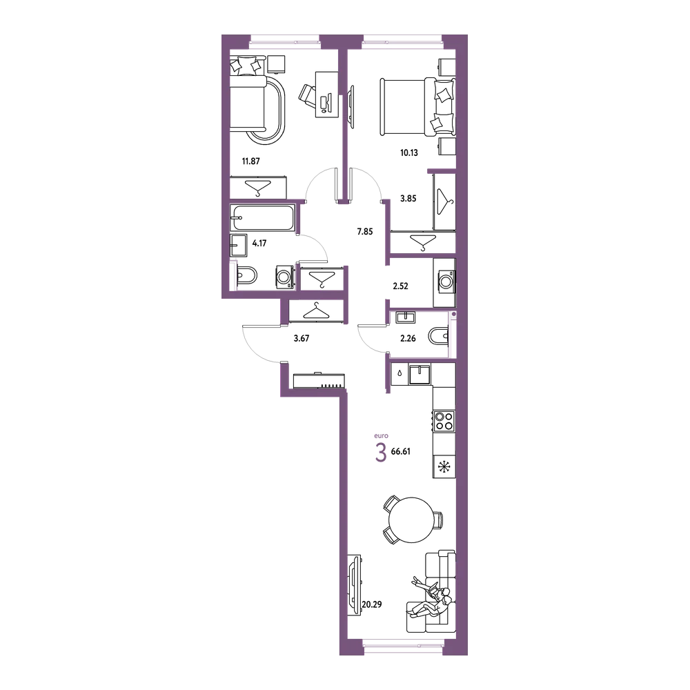 Планировка: Евротрёшка 66,61 м²