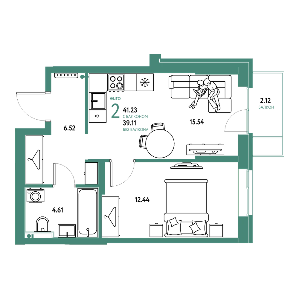 Планировка: Евродвушка 41,23 м²