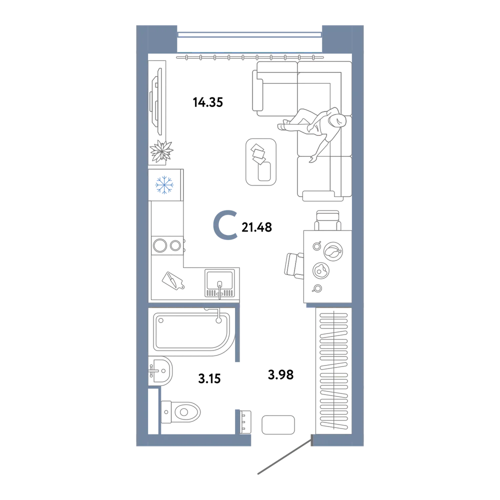 Планировка: Студия 21,48 м²