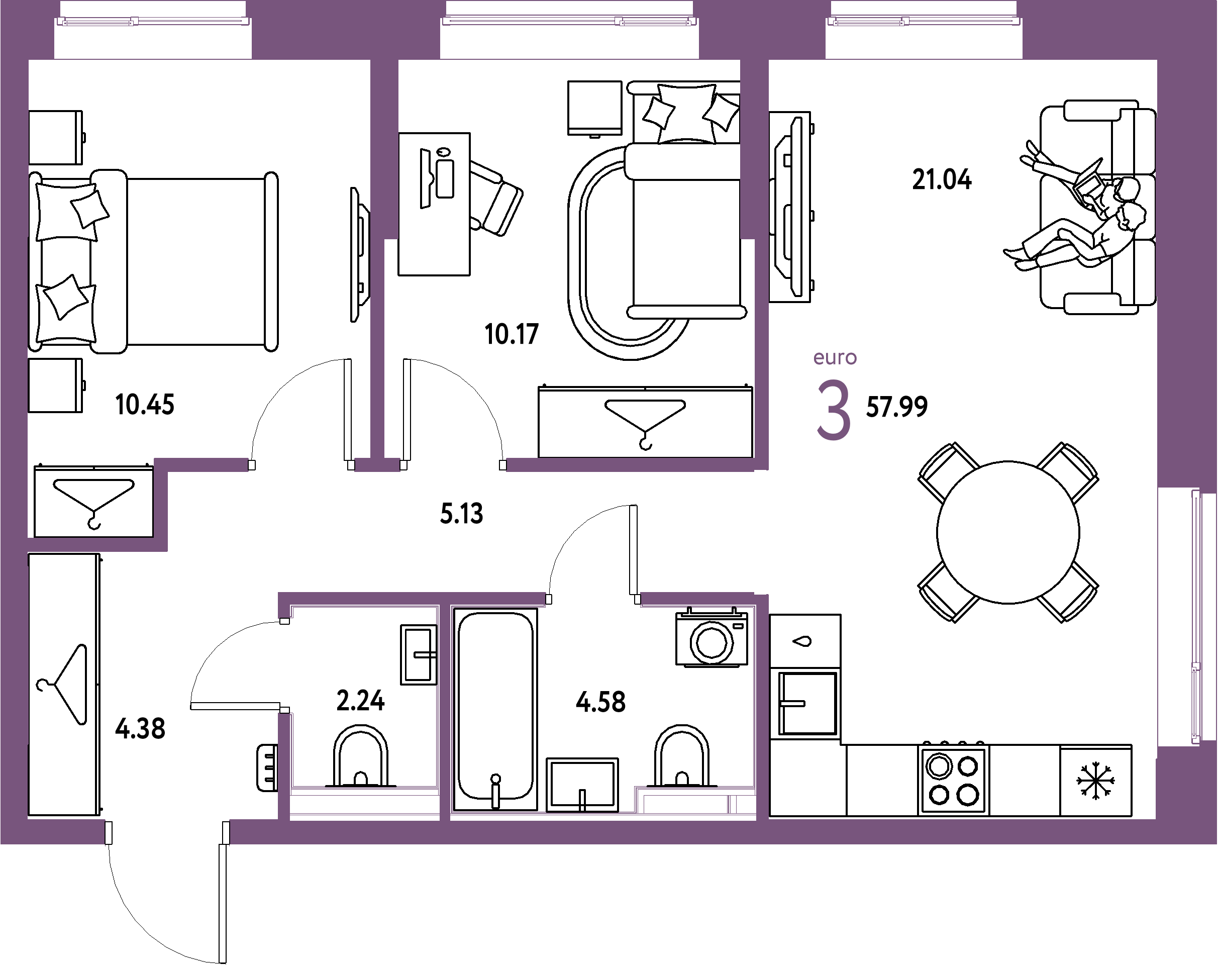 Планировка: Евротрёшка 57,99 м² в ЖК «Европейский берег 2.0»