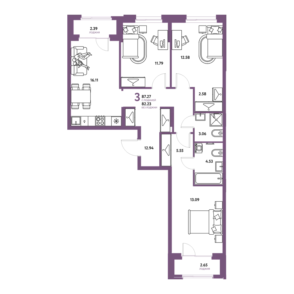 Планировка: Евро-4 87,27 м²