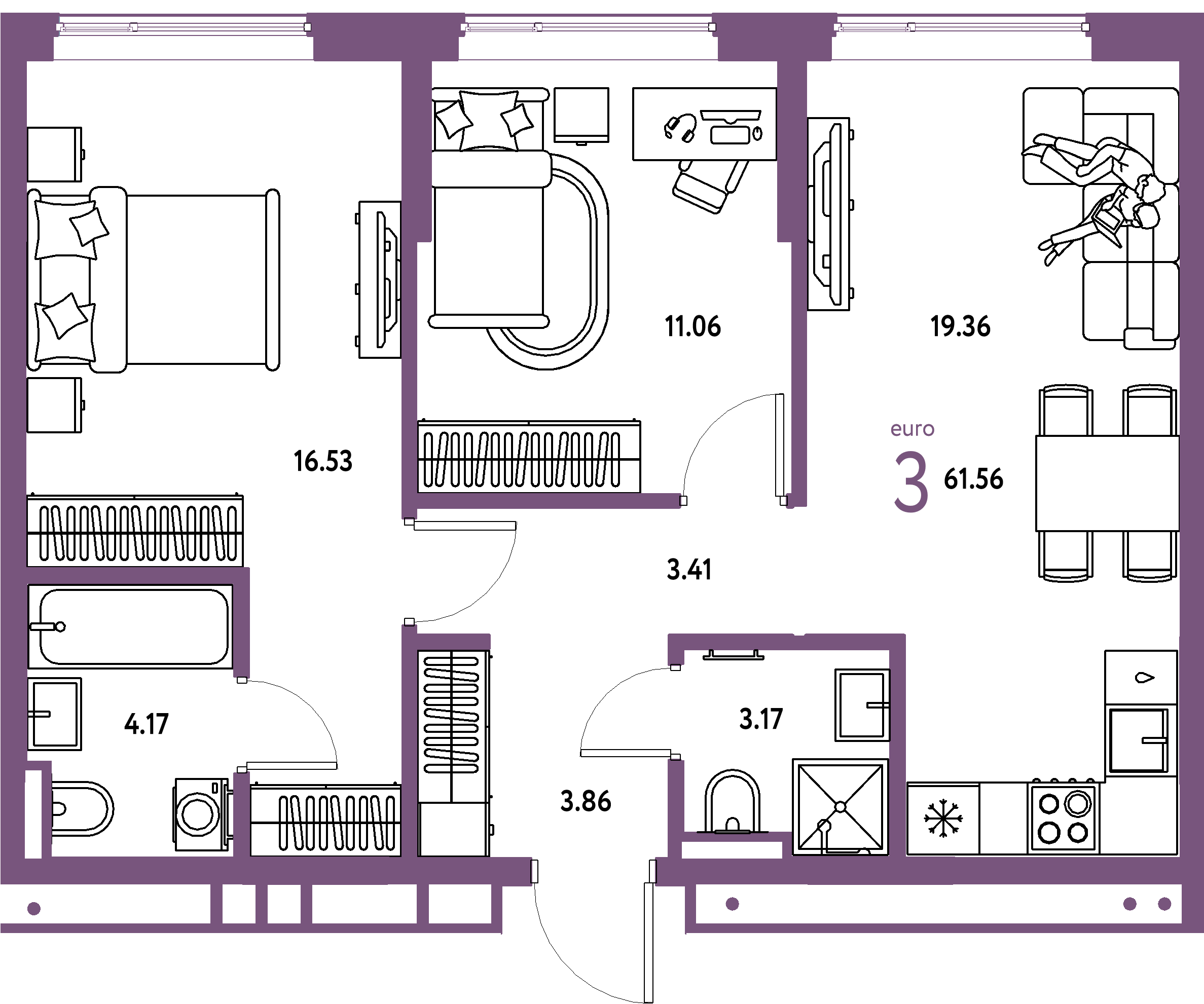 Планировка: Евротрёшка 61,56 м² в ЖК «Страна.Прибрежная»