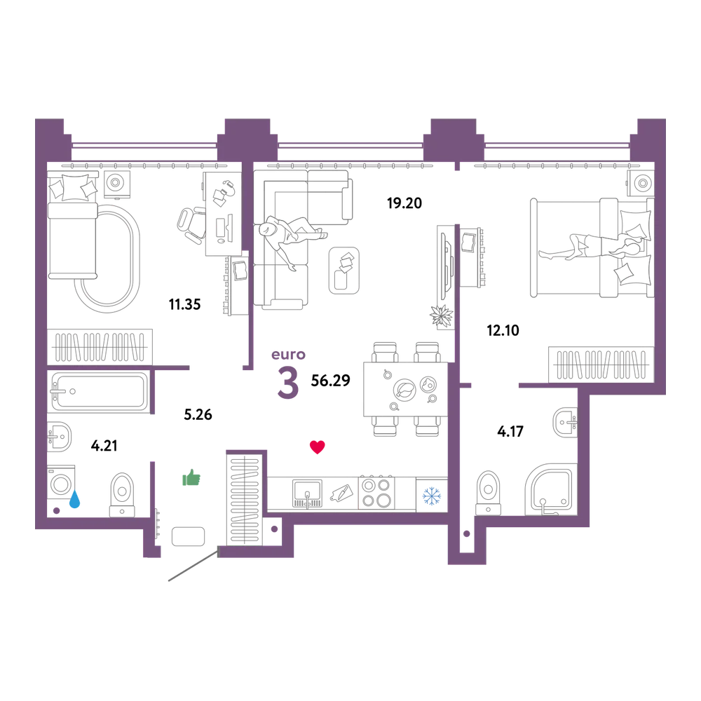 Планировка: Евротрёшка 56,34 м²