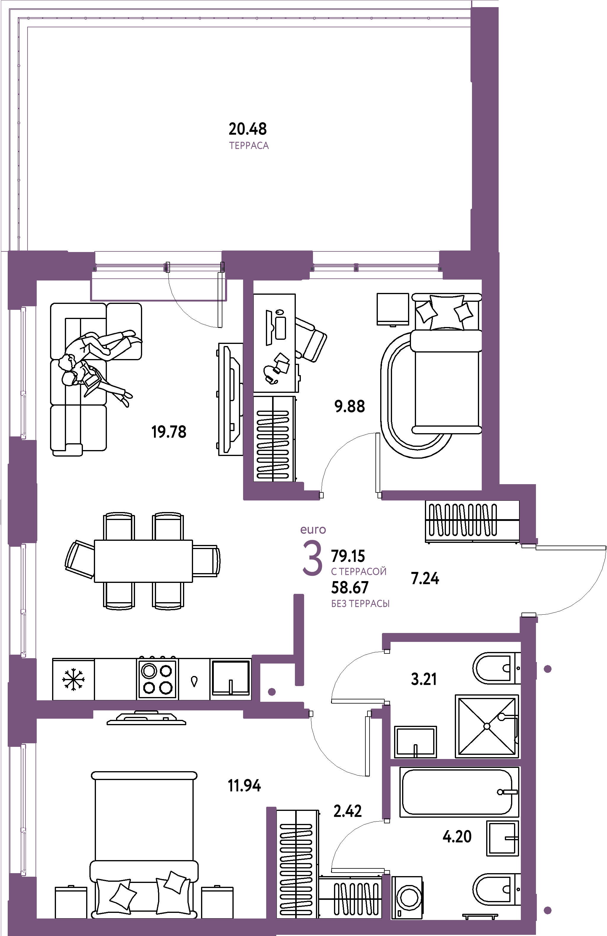 Планировка: Евротрёшка 79,15 м² в ЖК «Домашний»