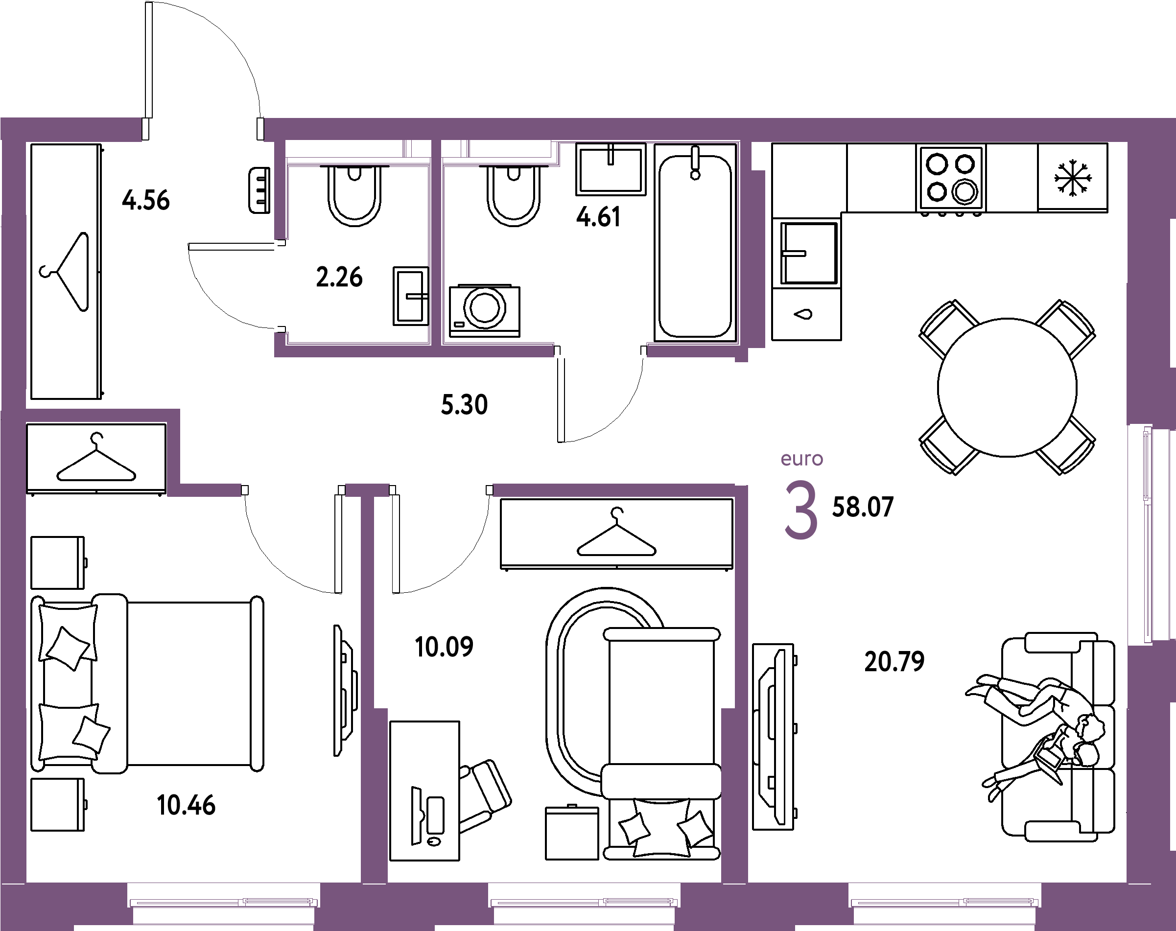 Планировка: Евротрёшка 58,07 м² в ЖК «Европейский берег 2.0»