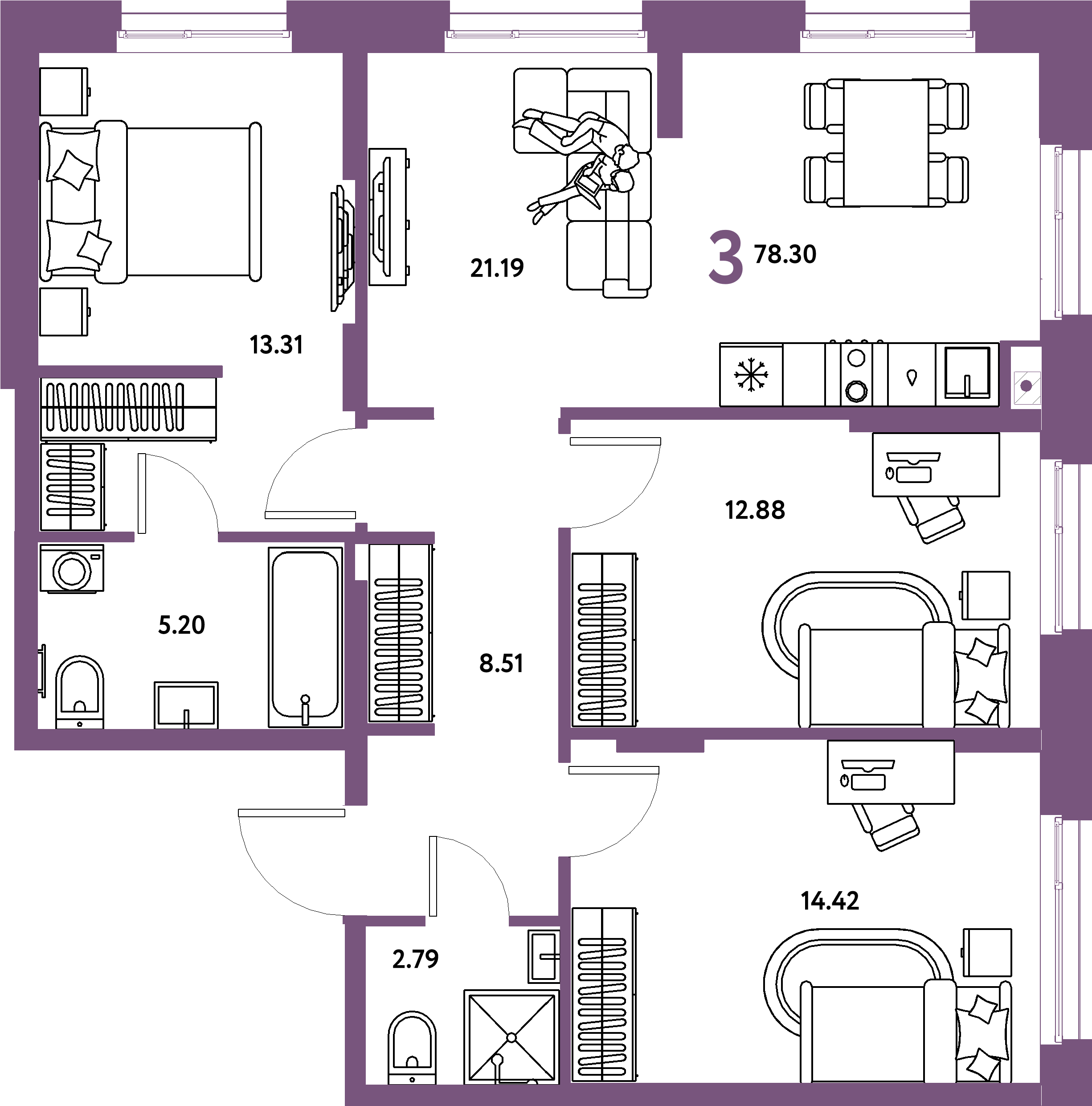Планировка: Евро-4 78,3 м² в ЖК «Европейский берег 2.0»