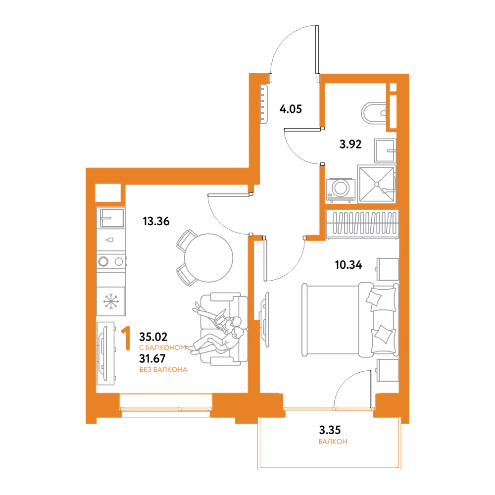 Планировка: 1-комнатная 35,02 м²