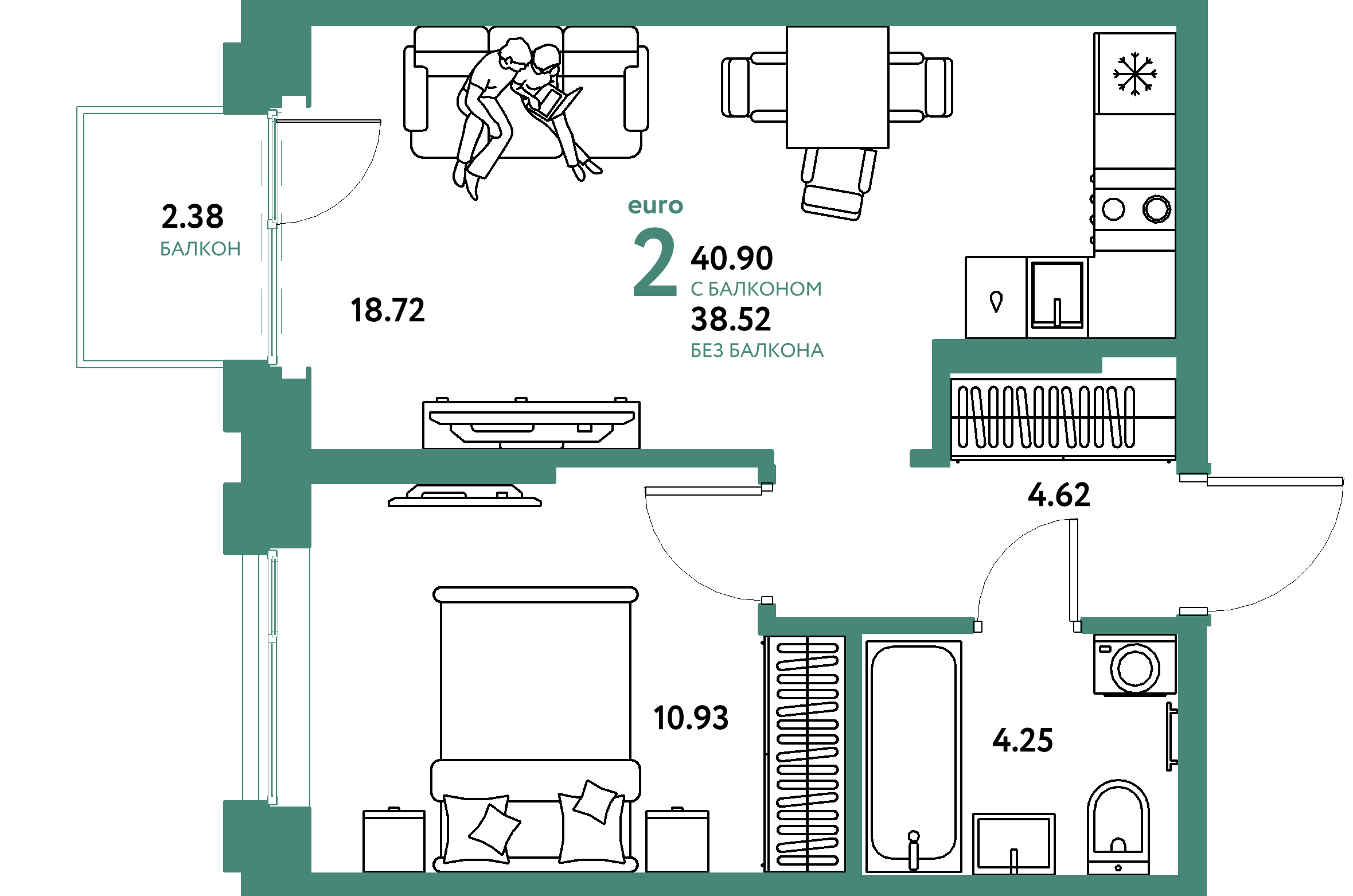 Планировка: Евродвушка 40,9 м² в ЖК «Европейский берег 2.0»