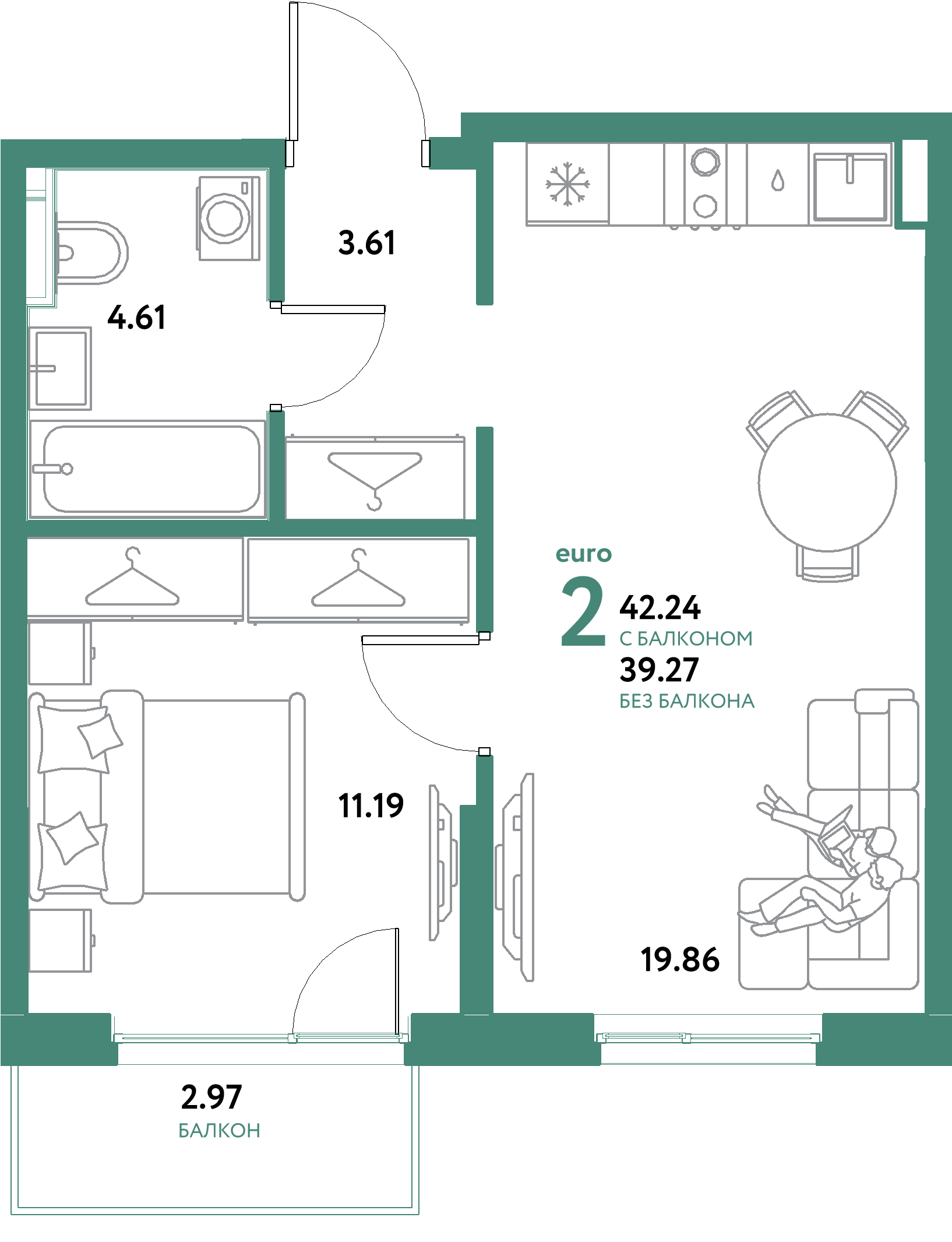 Планировка: Евродвушка 42,24 м² в ЖК «Остров-сад»