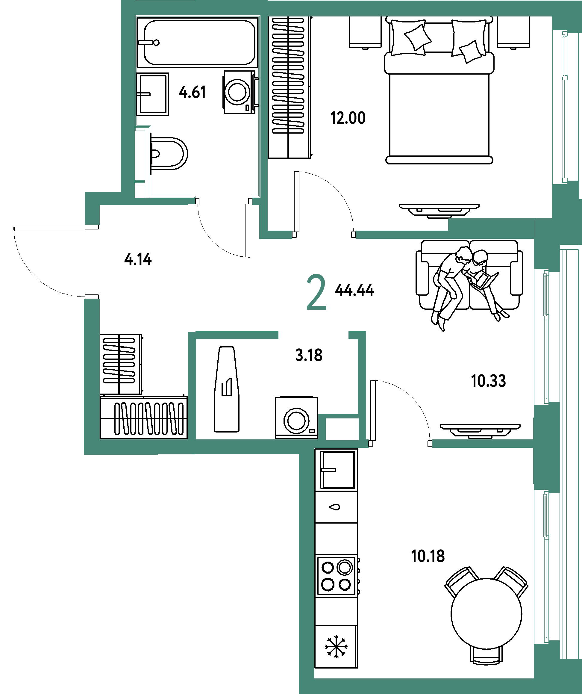 Планировка: 2-комнатная 44,44 м² в ЖК «Сердце Сибири»