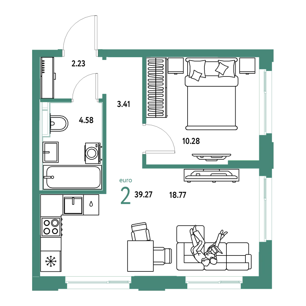 Планировка: Евродвушка 39,27 м²