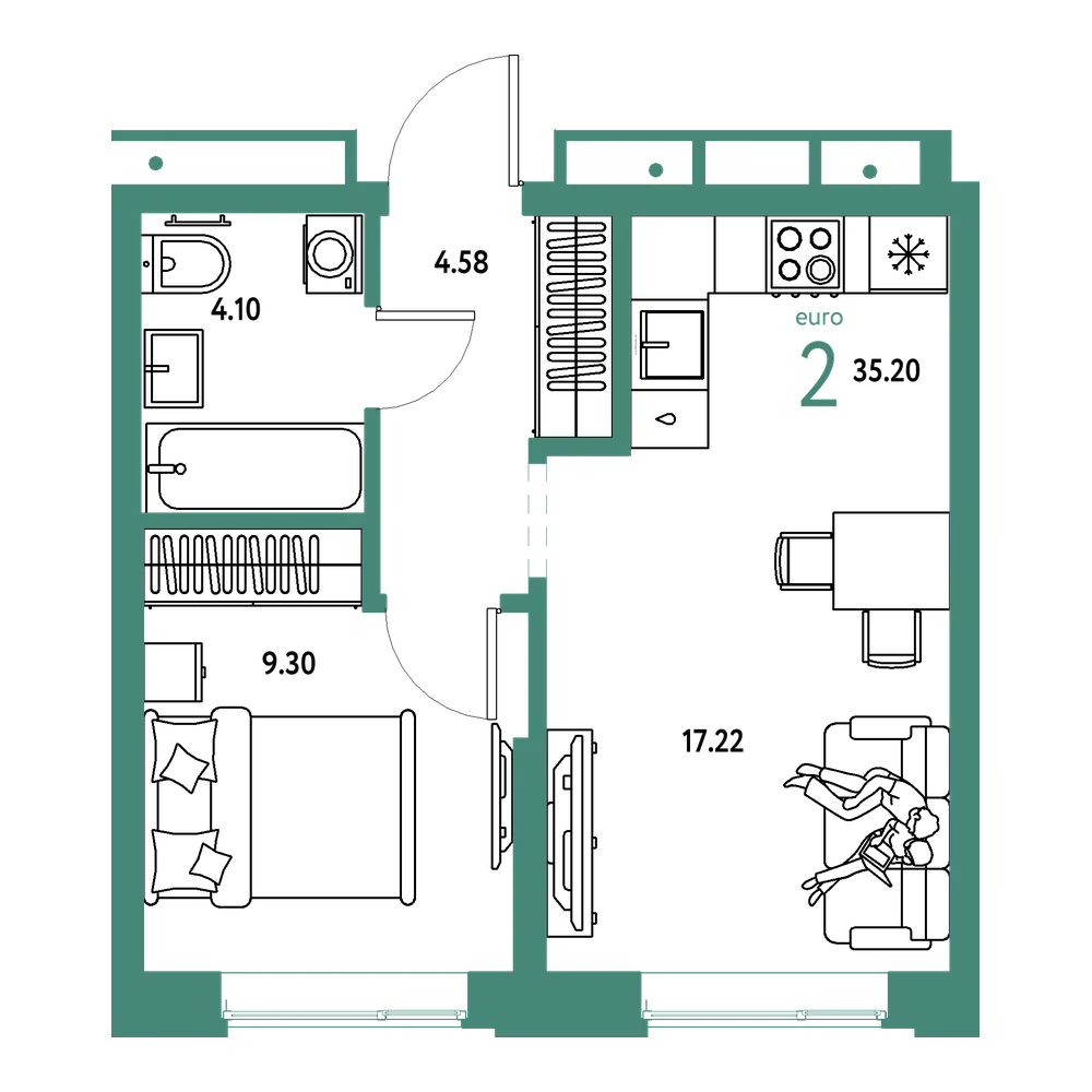 Планировка: Евродвушка 35,2 м²