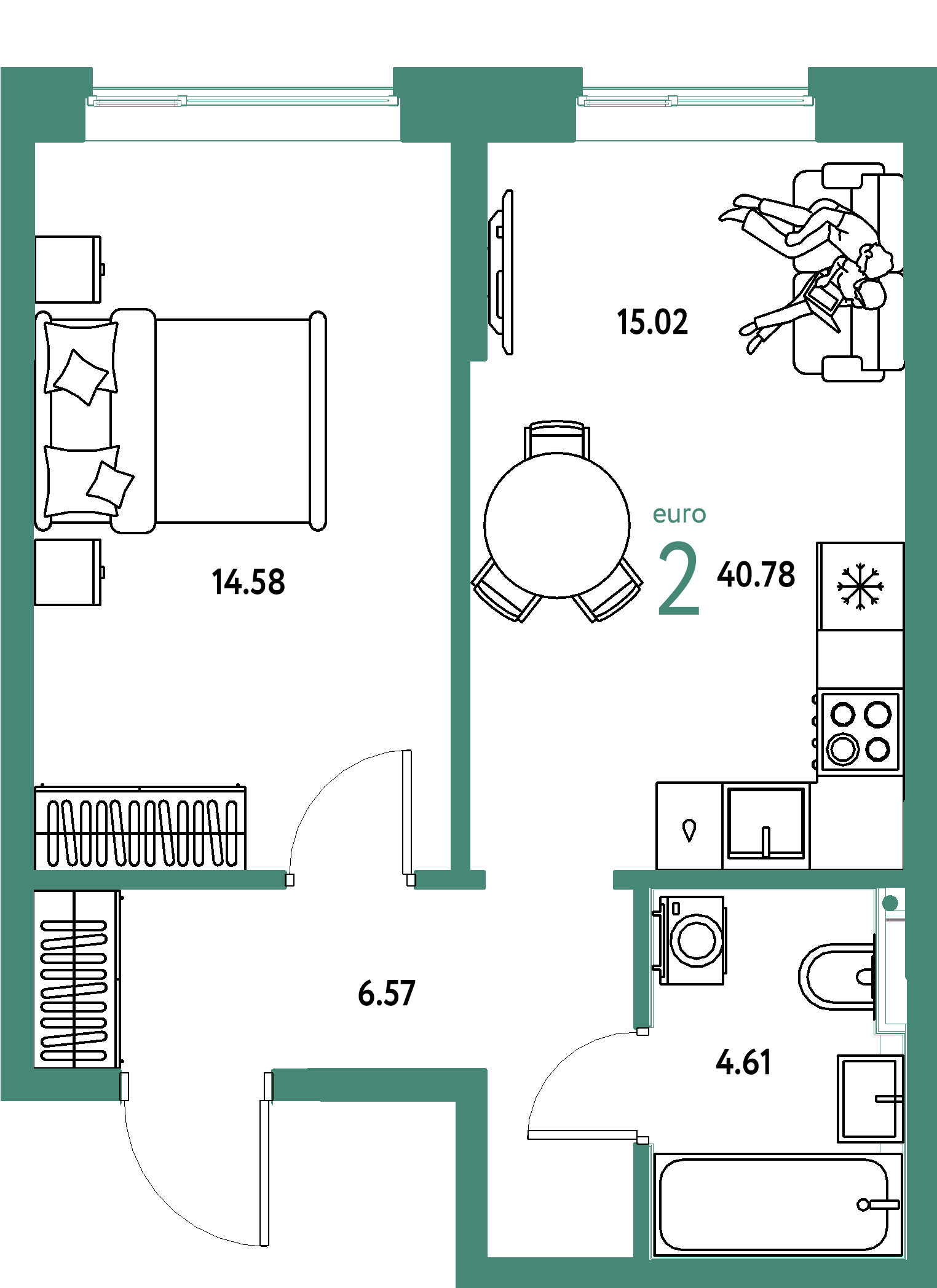 Планировка: Евродвушка 40,78 м² в ЖК «Остров-сад»