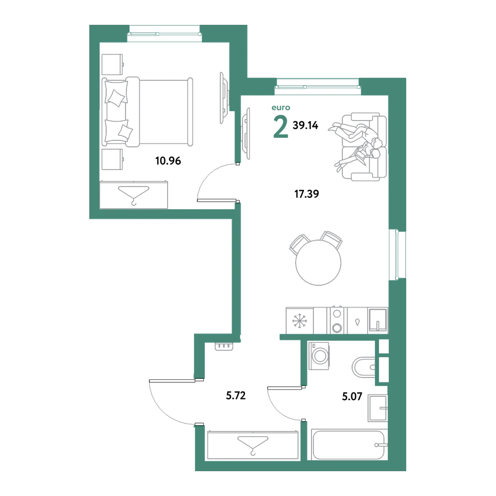 Планировка: Евродвушка 39,14 м²