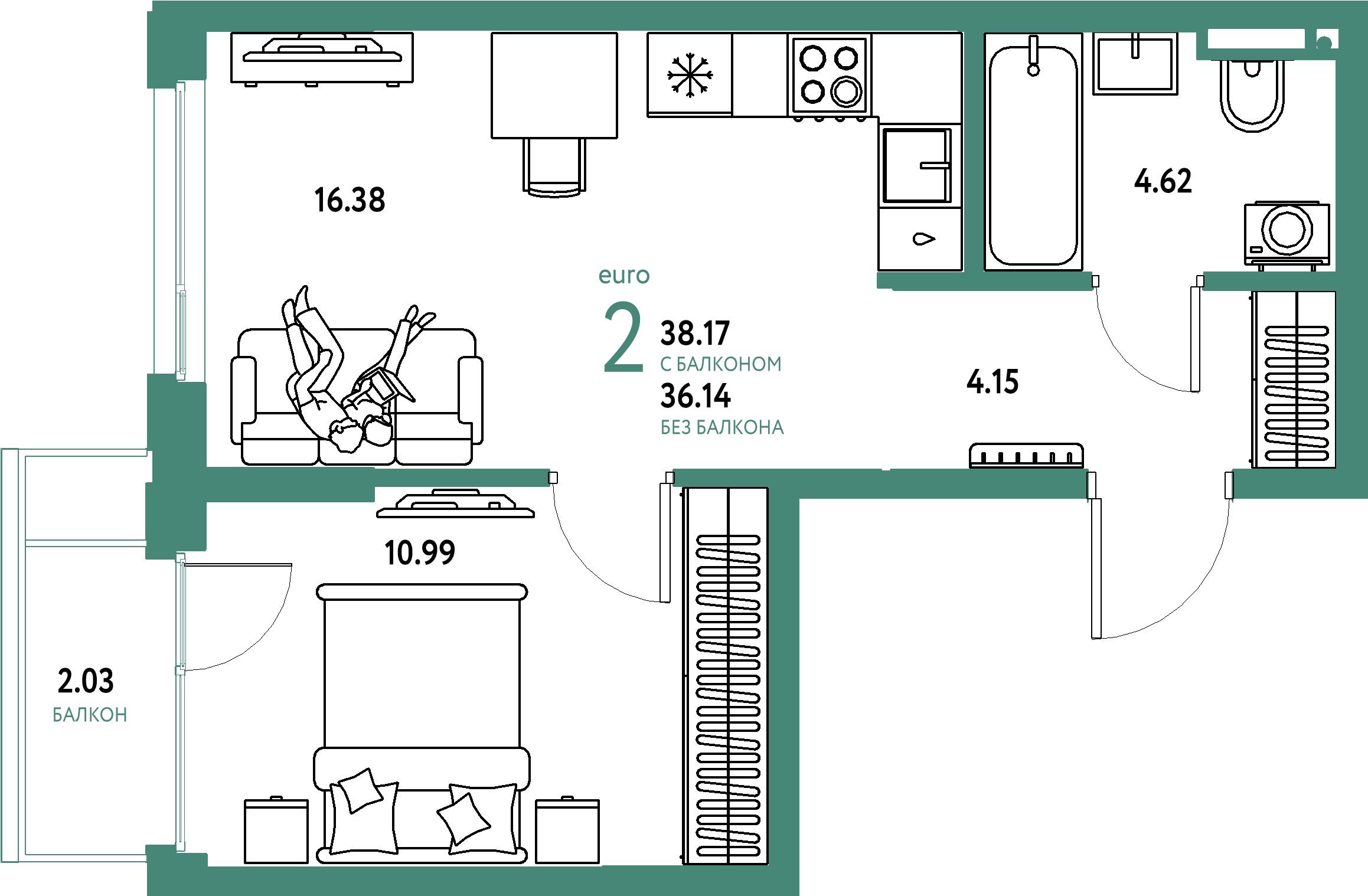 Планировка: Евродвушка 38,17 м² в ЖК «Страна.Прибрежная»