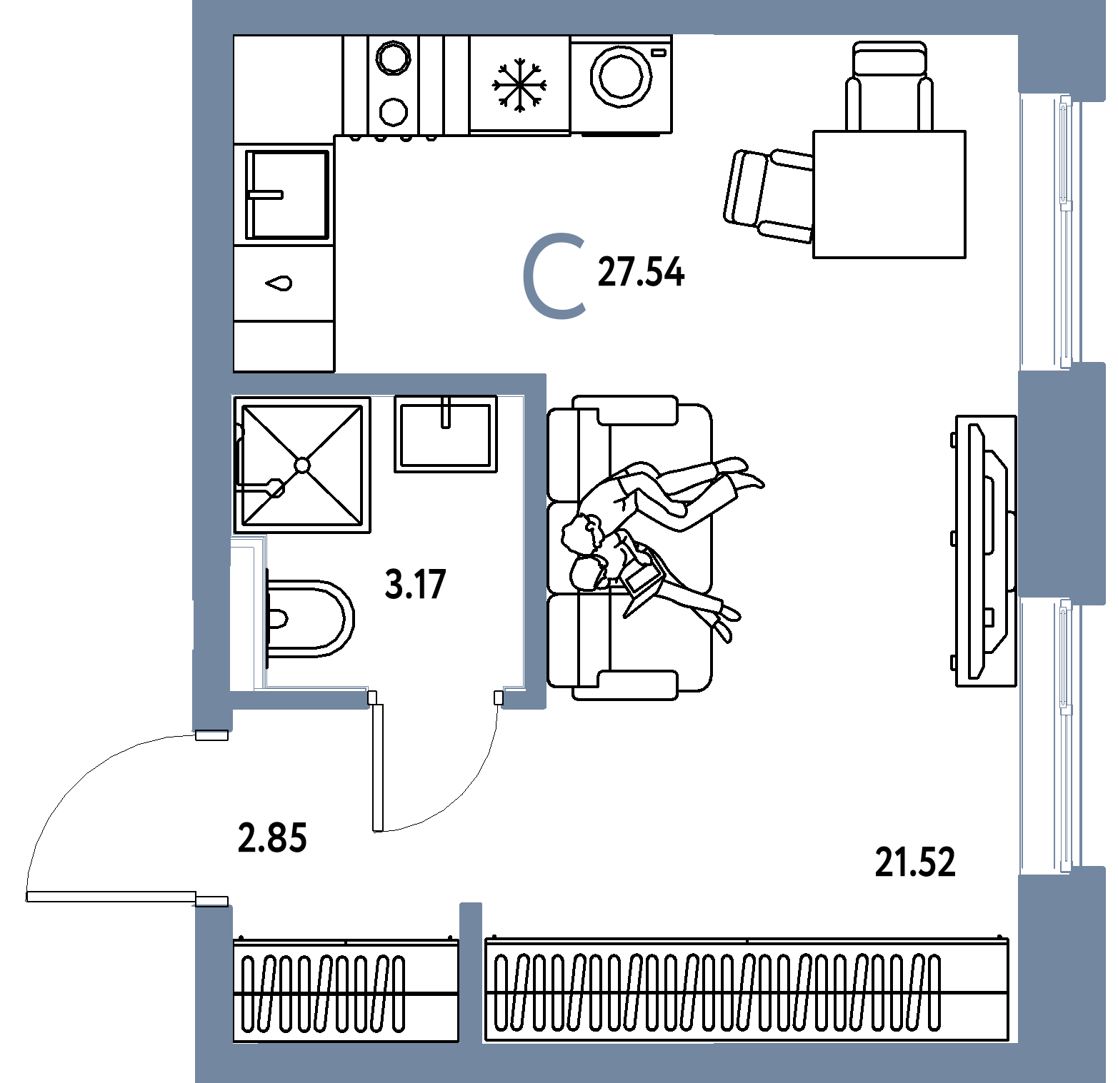 Планировка: Студия 27,54 м² в ЖК «Остров-сад»