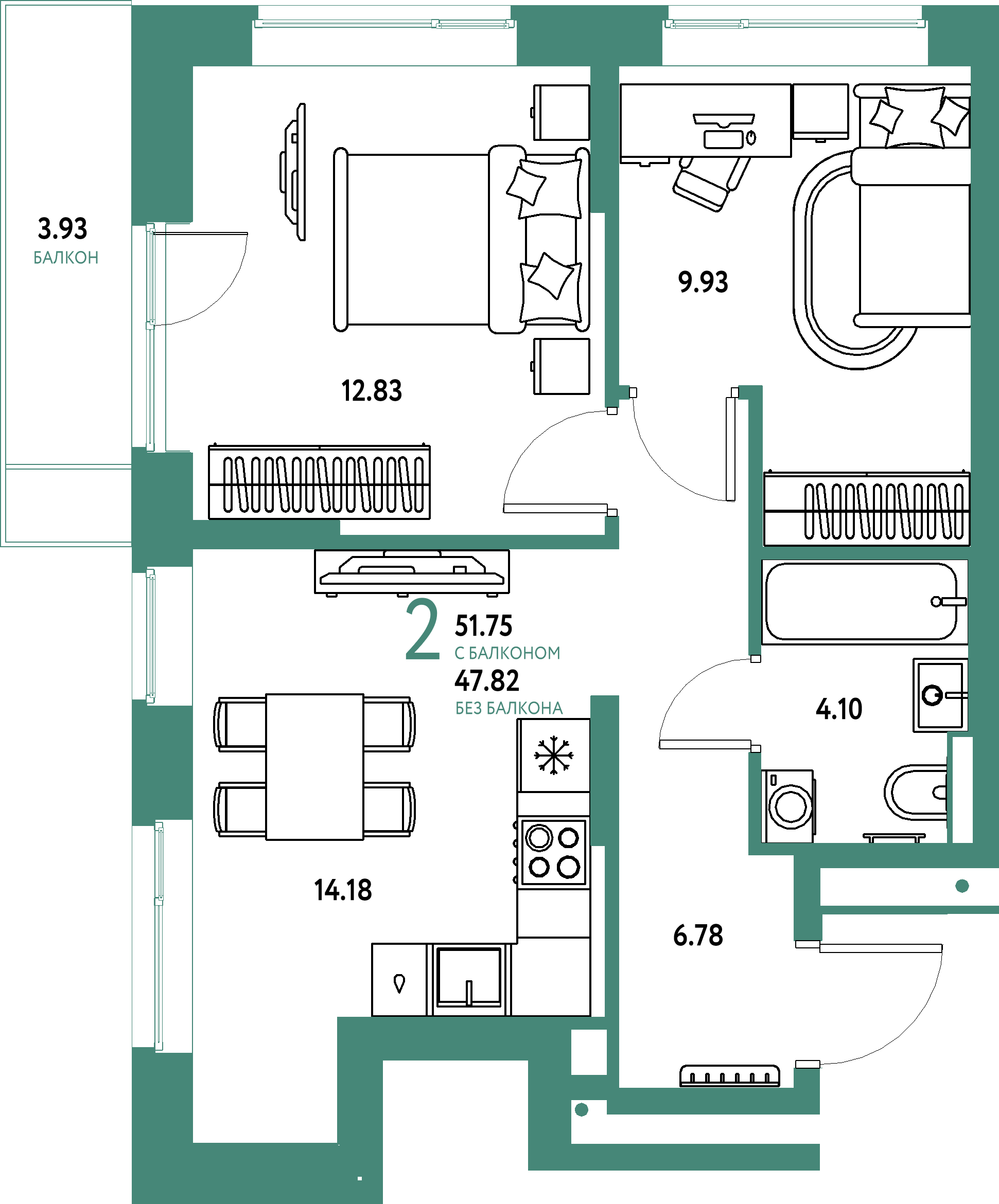 Планировка: 2-комнатная 51,75 м² в ЖК «Авторский»