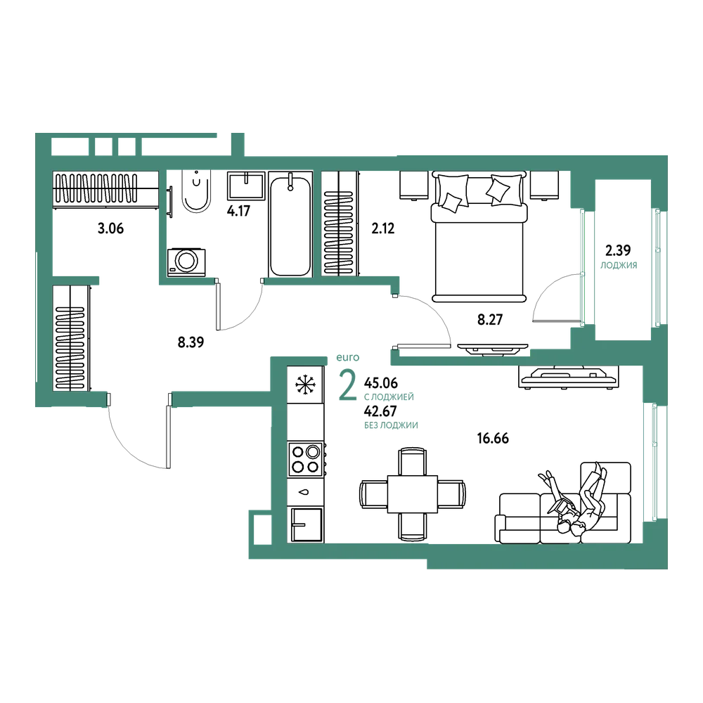 Планировка: Евродвушка 45,06 м²